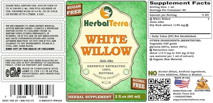 White Willow (Salix Alba) Glycerite, Organic Dried Bark Alcohol-Free Liquid Extract 2 oz