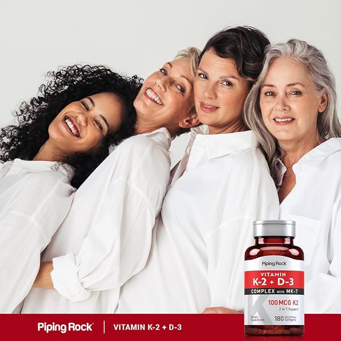Piping Rock Vitamin K2 D3 Supplement | 100 mcg | 180 Softgels | Complex with MK7 | Non-GMO, Gluten Free