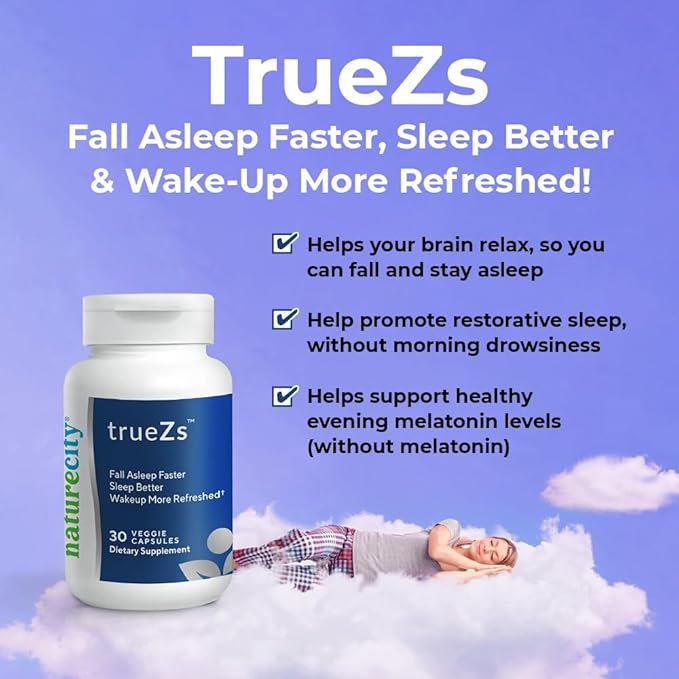 NatureCity TrueZs Melatonin-Free Natural Sleep Aids for Adults - Ashwagandha, L-Theanine, and Saffron Powder Sleep Pills to Support Falling and Staying Asleep (30 Veggie Capsules)