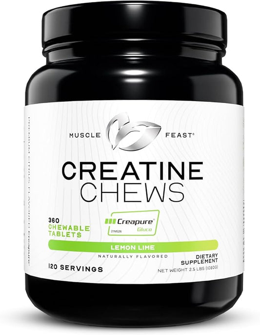 Muscle Feast Vegan Creatine Monohydrate, Gluten-Free Creapure Chews, Lemon Lime, 360 Tabs