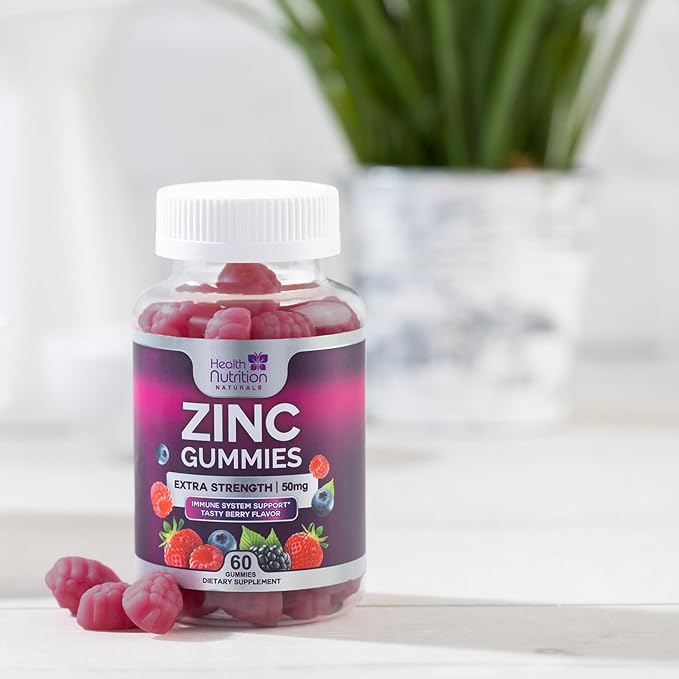 Zinc Gummy for Adults 50mg, Max Strength Bone, Skin Health & Immune Support Gummies, Vegan, Non-GMO & Gluten Free, Immune Health Support, Nature’s Antioxidant Chewable Zinc Vitamins - 60 Gummies
