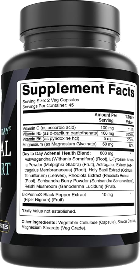 Best Naturals Day-to-Day Adrenal Support Supplements - 90 Veg Capsules - Made with Ashwagandha, L-Tyrosine, Magnesium, Rhodiola & Holy Basil & Bioperine