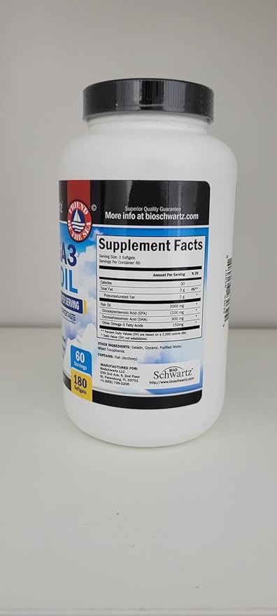 Triple Strength Omega 3 Fish Oil Supplement - 2250mg EPA DHA Omega 3 Fatty Acids from Fresh Wild Caught Fish, Burpless Lemon Flavor Formula Supports Eye Health and More, Gluten Free, 180 Softgels