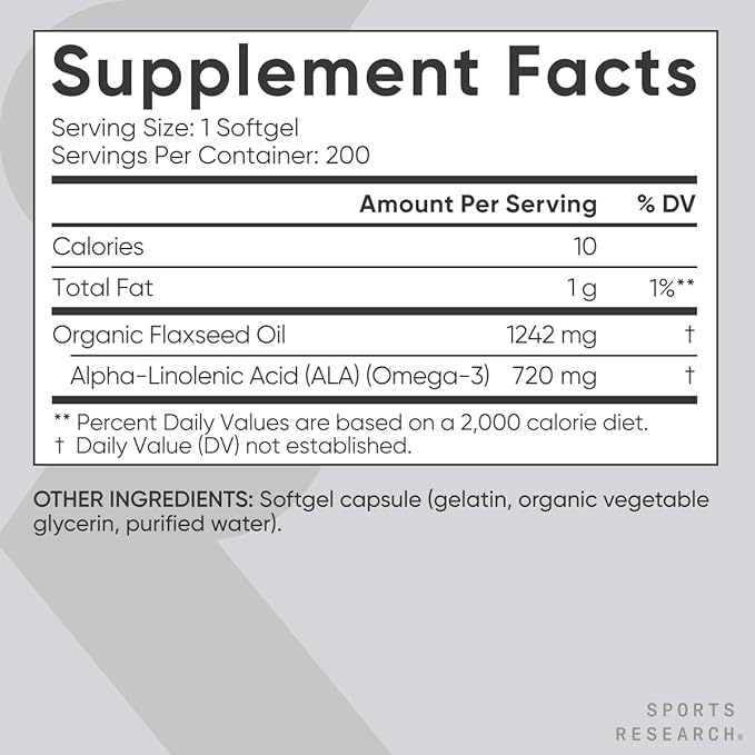 Sports Research Flaxseed Oil Softgels 1242mg - Plant Based Omega 3 Supplement for Women & Men - Non-GMO Verified, Soy & Gluten Free (200 Count)