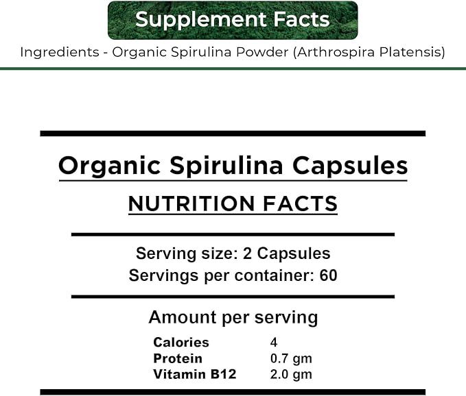USDA Organic Spirulina Capsules - 100% Pure Vegan Supplement, Non-GMO, Gluten-Free, Chemical-Free, (120)