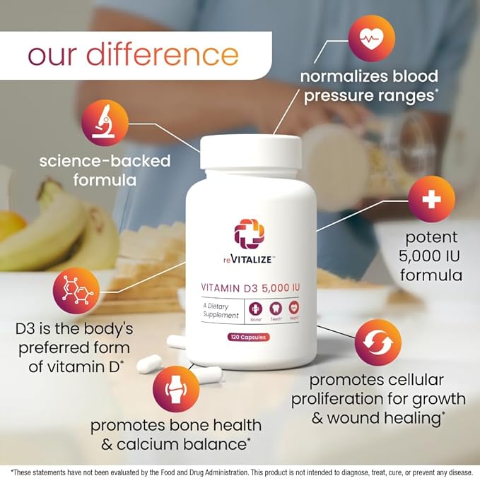 REVITALIZE Vitamin D3 5000 IU Supplement for Immune Support & Bone Health - 120 Capsule, Compare & Save Complete.