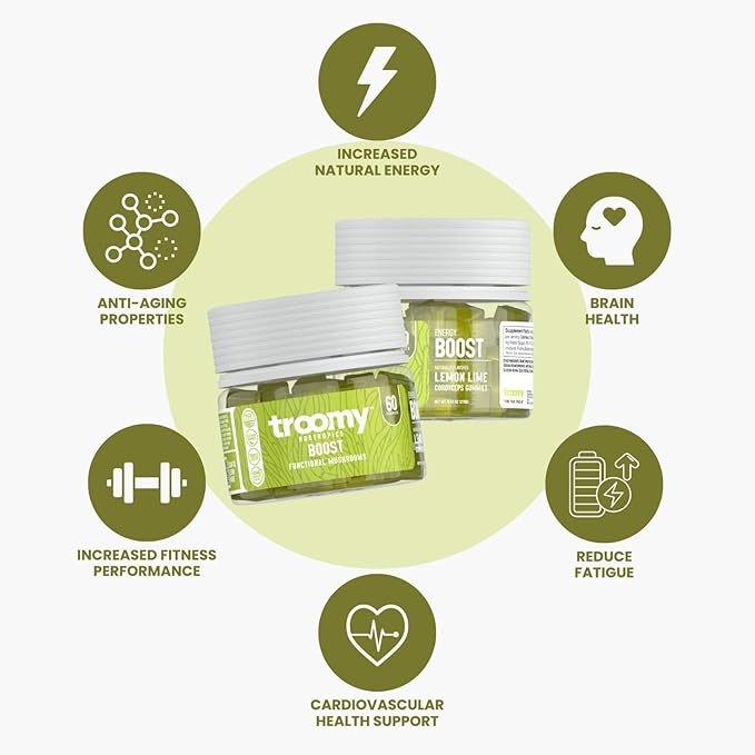 Troomy Boost Cordyceps All Natural Mushroom Gummies - Supports Active Lifestyle & Hyper Focus - Lemon Lime - 60 Count