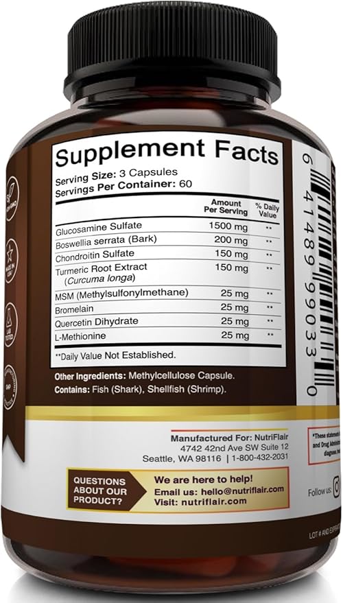 NutriFlair Glucosamine Chondroitin Turmeric MSM Boswellia, 180 Capsules - Joint Comfort Supplement - Natural & Non-GMO - Antioxidant Pills - Supports Back, Knees, Hands, Joints, Cartilage