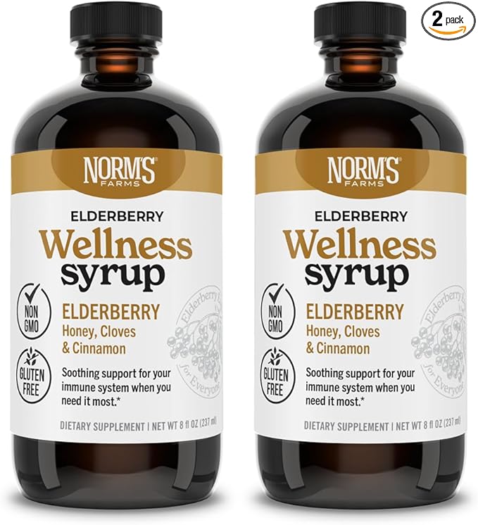 Norm's Farms Black Elderberry Wellness Syrup + Honey, Cinnamon, & Cloves - Natural Immune Support - Kosher, Gluten Free, Non-GMO - 2PK 8 Oz. Bottles