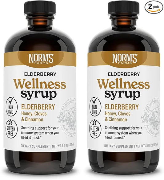 Norm's Farms Black Elderberry Wellness Syrup + Honey, Cinnamon, & Cloves - Natural Immune Support - Kosher, Gluten Free, Non-GMO - 2PK 8 Oz. Bottles