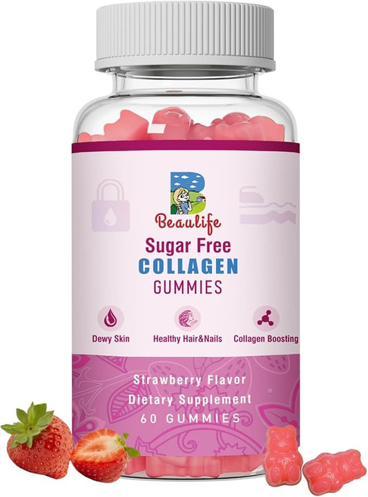 Collagen Gummies, with Biotin,Bamboo, Hydrolyzed Collagen Peptides Supplement, for Healthy Skin Support, 60 Gummies,Strawberry Flavor