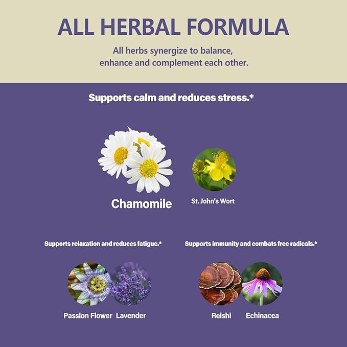 Chamomile herb Extract Drops, Natural Calm Herbal Tincture Supplement w/Passion Flower, St. John's Wort, Lavender, Reishi, & Echinacea for Relaxation Support & Immune Support. 2oz