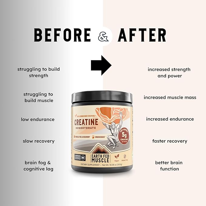 Earth Fed Muscle Transcend Creatine Monohydrate - 100% German Creapure, Muscle Recovery, Muscle Building, Cellular Energy Production - Gluten Free, Soy Free - Unflavored 5g per Serving, 60 Servings