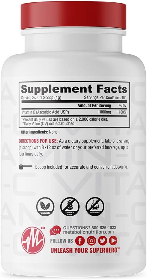Metabolic Nutrition Vitamin C, 1000mg, Pure Pharma Grade, High Absorption Ascorbic Acid (100 g)