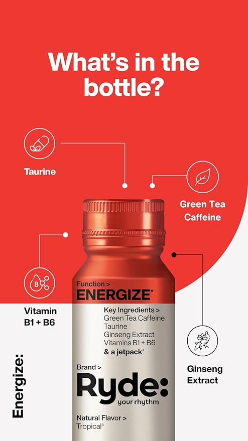 Ryde: Discovery Pack | Energize, Focus & Relax Shots | Green Tea Caffeine, Taurine, Ginseng, B Vitamins, L-Theanine, Lemon Balm, Chamomile | 0 Calories, 0 Sugar | Variety Pack Try Them All (24 Pack)