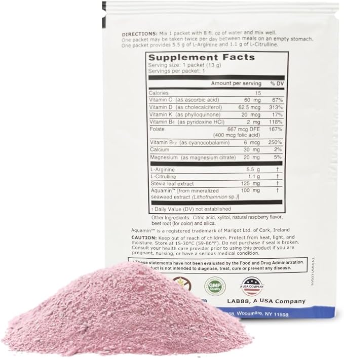 L-ARGININE PRO Supplement Powder | 60 Packets Single Serve Travel Size | 5,500mg of L-arginine Plus 1,100mg L-Citrulline, Raspberry & Orange