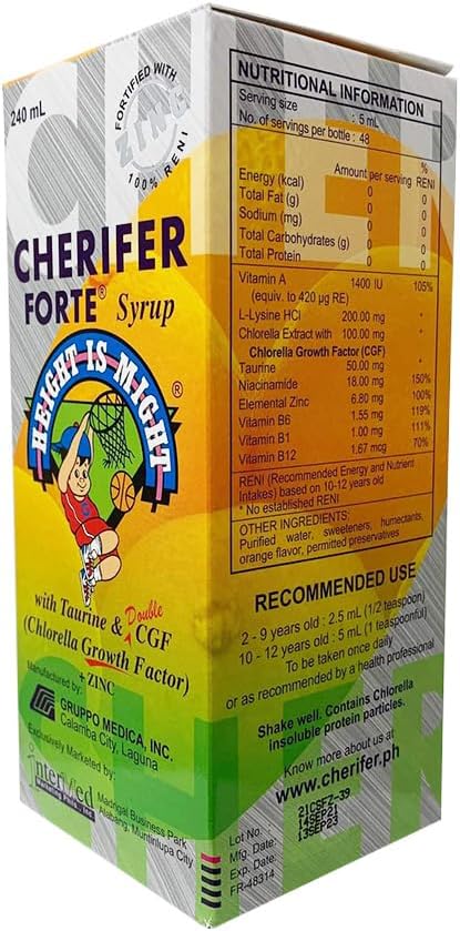 Cherifer Forte Syrup Fortified with Zinc with Taurine and Double Chlorella Growth Factor + Zinc Orange Flavor 240 ml