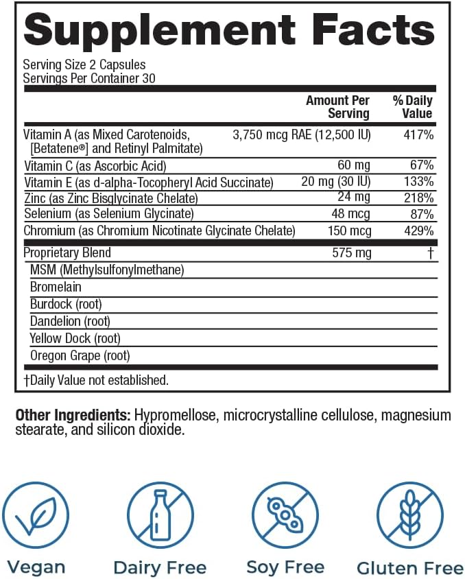 VitaMedica Clear Skin Vitamin Formula | Noncystic Acne Supplement for Skin Clearing | Clear Complexion for Women and Men | Vitamins A, C, E, Selenium, Chromium, and Zinc for Skin Health | 60 Count