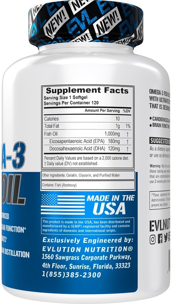 Evlution Nutrition Triple Strength Omega 3 Fish Oil - Burpless Fish Oil EPA DHA Omega 3 Supplement in Easy to Swallow Citrus Flavor Softgels - Enteric Coated Fish Oil Supplement - 120 Count