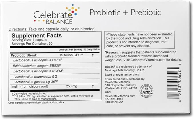 Celebrate Vitamins Balance Probiotic + Prebiotic - Post Bariatric Surgery Daily Supplement for Women & Men, 28.5 Billion CFU - Supports Digestive & Immune Health, Gluten Free (30 Capsules)