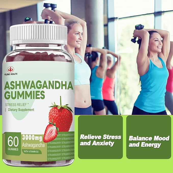 YiLing Ashwagandha Gummies for Women & Men, 3000 Mg of High-Potency Ashwagandha Root Extract Boosts Energy, Improves Sleep, Relieves Stress and Calms Mood, 60 Count Strawberry Flavor Ashwagandha