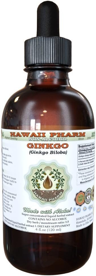 Ginkgo Alcohol-Free Liquid Extract, Organic Ginkgo (Ginkgo Biloba) Dried Leaf Glycerite Hawaii Pharm Natural Herbal Supplement 2 oz