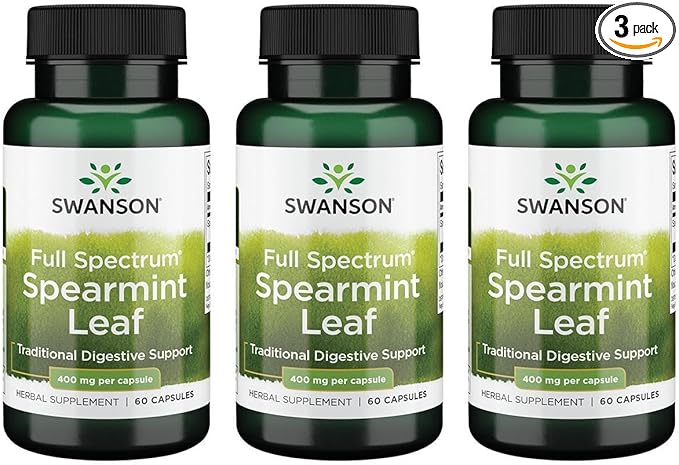 Swanson Spearmint Leaf (Mentha Spicata)-Full Spectrum Herbal Supplement Supporting Digestive Health & Mild Stomach Issues-Natural Formula Supporting Health & Wellness-(60 Capsules, 400mg Each) 3 Pack