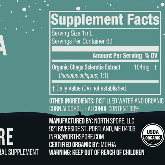North Spore Chaga Mushroom Tincture | Energy & Wellness Boosting Supplement Drops | Adaptogenic Superfood | Dual Extract Organic Blend, 100% Fruiting Bodies | Non-GMO, Vegan - 2oz