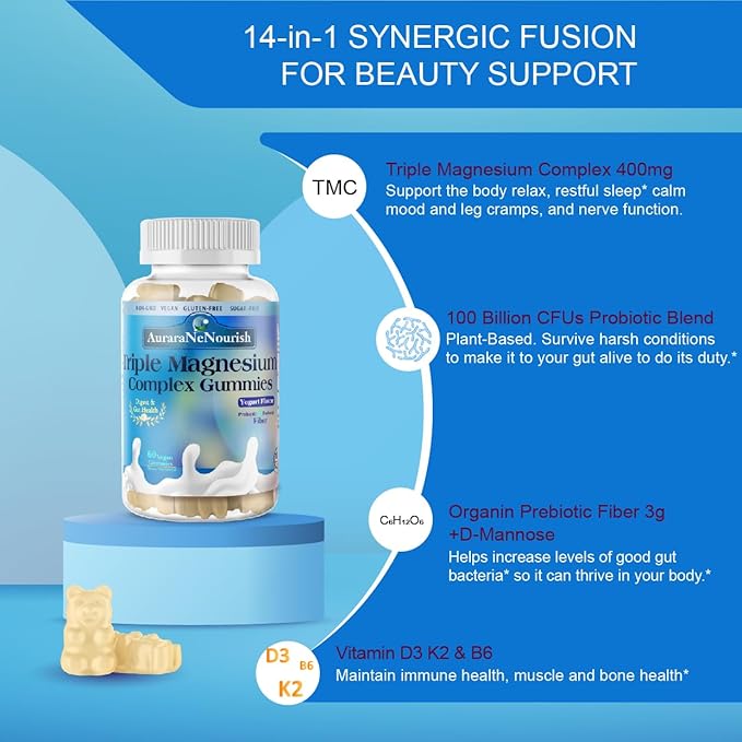 2 Packs Sugar Free Magnesium Gummies Plus Probiotic & Fiber, Magnesium Glycinate 400 mg丨L-Threonate丨Taurate, Chewable Calm Magnesium Gummies w. VIT D3 K2 B6 for Sleep* Brain, Digestion, Gut Health