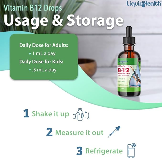 LIQUIDHEALTH Vitamin B12 Methylcobalamin Liquid Drops with Sublingual Hydroxocobalamin - Boost Energy, Support Immune System, Improve Memory & Concentration - Made in The USA, Vegan, Non-GMO (3 Pack)