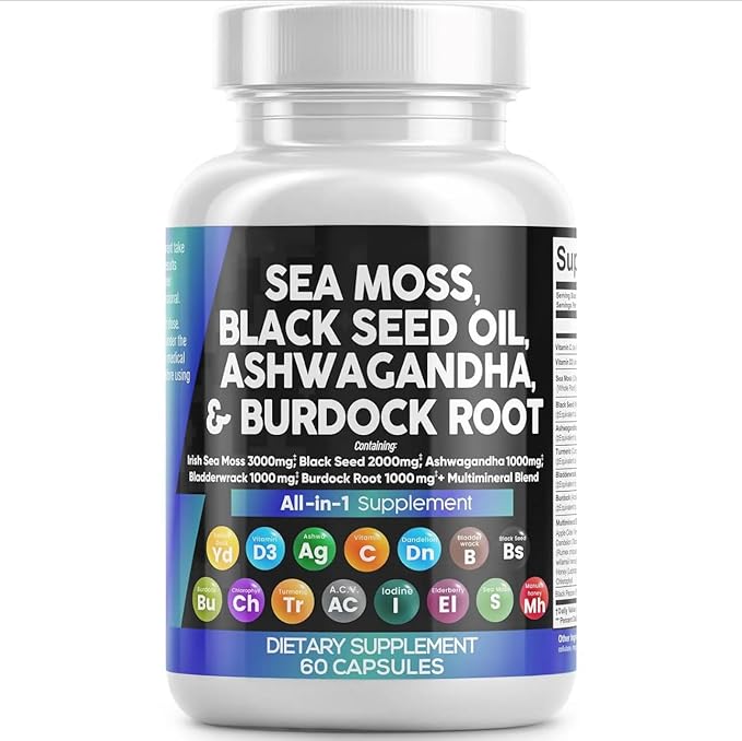 Sea Moss, Black Seed Oil, Ashwagandha, Burdock Root Supplement, 60 Capsules