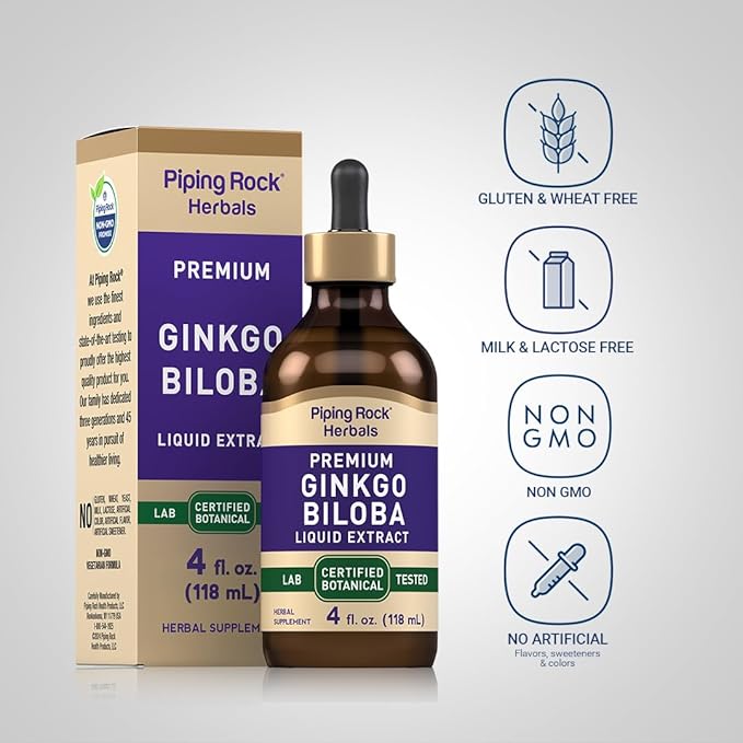 Piping Rock Ginkgo Biloba Supplements | 4 fl oz Tincture | Premium Liquid Herbal Extract | Certified Botanical | Non GMO, Gluten Free