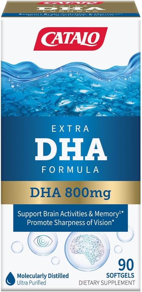 CATALO Extra DHA Formula, 800mg DHA per Serving, Ocean Fish Oil Softgels with Natural Lemon Flavor, Advanced Molecular Distillation, Easy-to-Swallow, No Artificial Colors & Preservatives – 90 Softgels