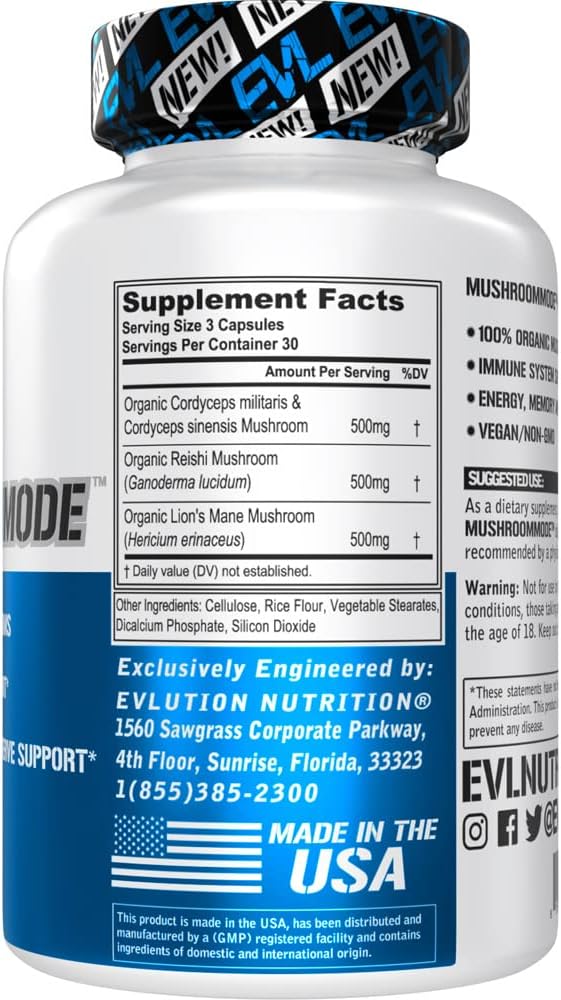 Evlution Vegan Organic Mushroom Supplement Capsules - Organic Lions Mane Mushroom Capsules with Cordyceps and Reishi Blend - Nootropics Brain Support Supplement for Focus and Energy - 30 Servings