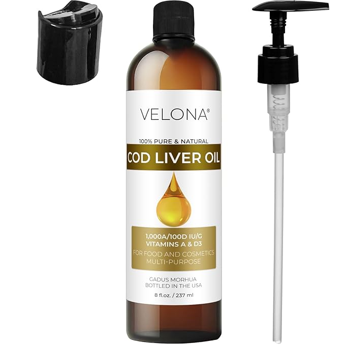 velona Cod Liver Oil - 8 Fl Oz | 1,000A/100D IU/g Omega 3 Vitamins A & D3 | Norwegian Arctic Sustainably Sourced Nordic Oil | Hair, Body and Skin Care | Use Today - Enjoy Results