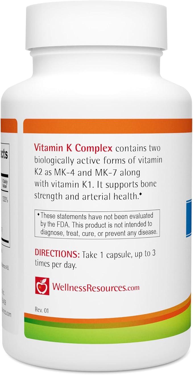 Wellness Resources Vitamin K Complex Supplement - 600 mcg Vitamin K2 (as MK-4 and Trans MK-7) and 1000 mcg K1- Bone Strength and Heart Health - K2 Vitamin Supplement - 90 Capsules Non-GMO