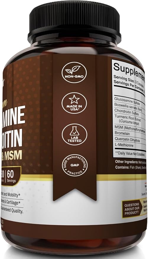 NutriFlair Glucosamine Chondroitin Turmeric MSM Boswellia, 180 Capsules - Joint Comfort Supplement - Natural & Non-GMO - Antioxidant Pills - Supports Back, Knees, Hands, Joints, Cartilage