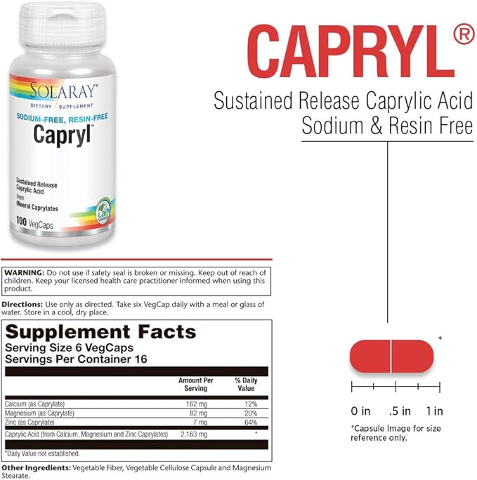 SOLARAY Capryl | Sustained Release Caprylic Acid | Healthy Gastrointestinal Tract Support | 16 Servings | 100 VegCaps