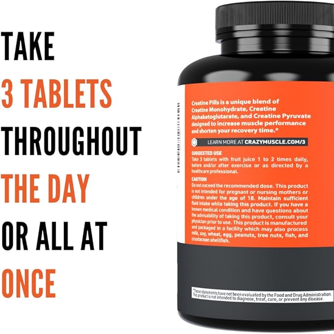 Crazy Muscle Creatine Monohydrate Pills, Premium 3 Type 5g Creatine Pills, Pre and PostWorkout & Keto Energy Builder, Easy to Take Three-Atine Pills for Optimum Performance Men Women, 180 Tablets