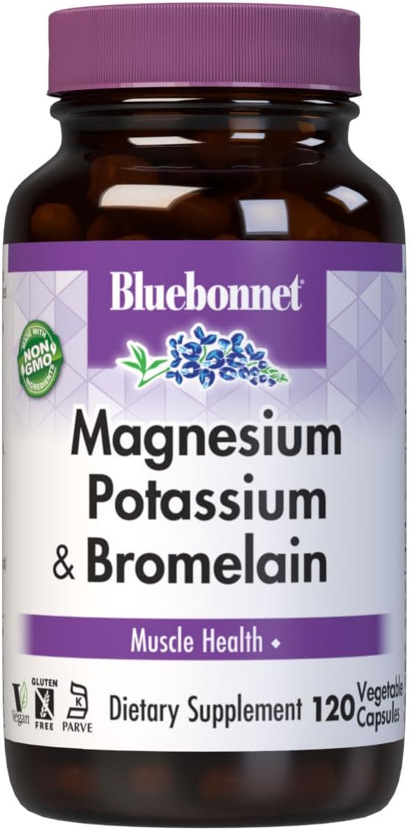 BlueBonnet Magnesium Potassium Plus Bromelain Vegetarian Capsules, White, Unflavored, 120 Count