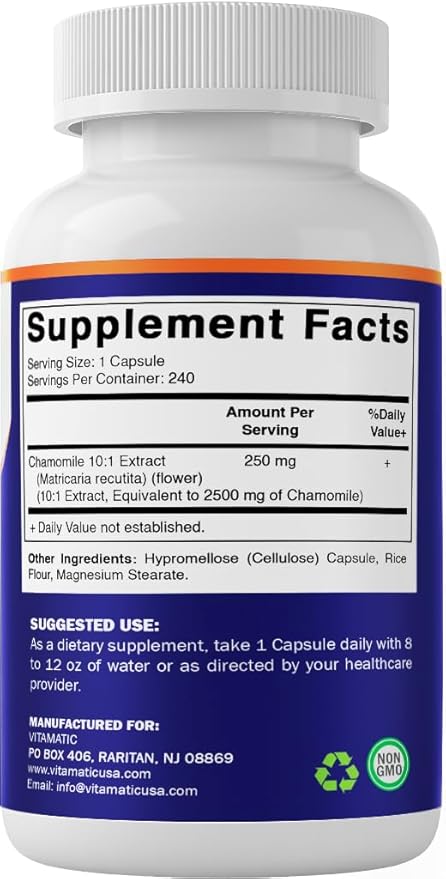 Vitamatic Chamomile 2500 mg Equivalent Per Serving (from 250 mg of 10:1 Extract) - 240 Veg Capsules - Non-GMO & Gluten Free