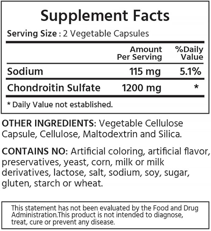 Chondroitin Sulfate 1200 mg, 120 Vegan Capsules. 99% Purity Chondroitin for Flexibility, and Mobility