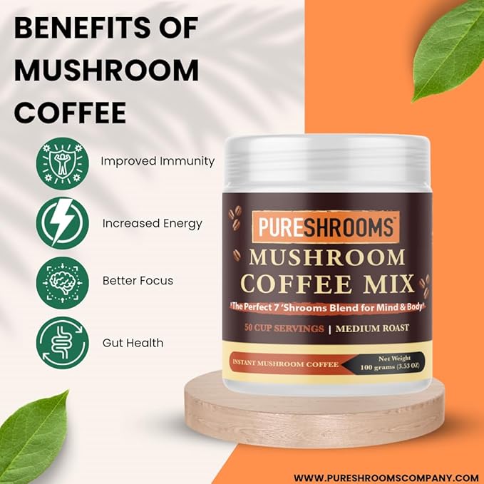 Perfect 7 Mushroom Coffee - Ultra Concentrated Mushroom Extracts with Low Acidity Arabica Coffee -Turkey Tail, Lion's Mane, Cordyceps, Reishi, Shiitake, Maitake, Chaga (100 Grams/3.53oz)