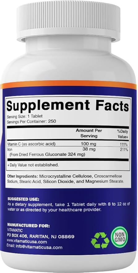 Vitamatic Ferrous Gluconate 324 mg + Vitamin C 100 mg (65 mg Elemental Iron) – High Potency Iron Supplement – Gentle on Stomach, No Artificial Colors – 250 Coated Tablets, Made in USA