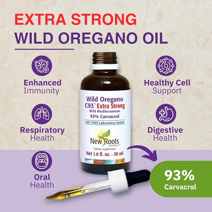 New Roots | Wild Oregano Oil Extra Strong | 93% Carvacrol Oregano Oil Liquid Drops (1 fl oz) | Highest Concentration of Carvacrol |Alcohol Free, Non GMO, Vegan, Gluten Free
