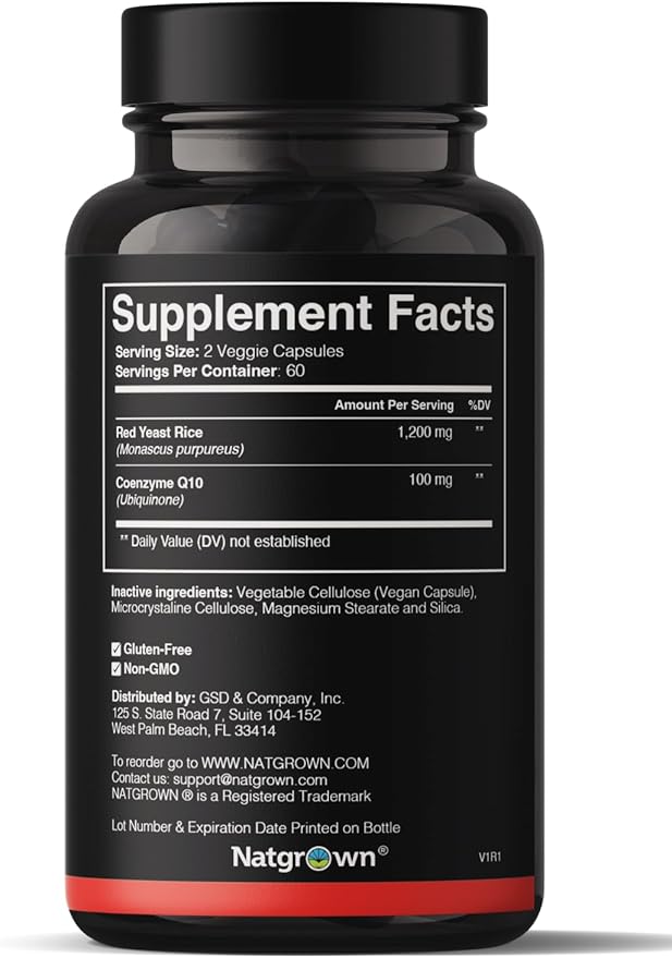 Natgrown Red Yeast Rice with CoQ10 Supplement – 1200 mg Red Yeast Rice Extract + 100 mg Coenzyme Q10 – Heart & Circulatory Support – Vegan, Non-GMO – 120 Capsules