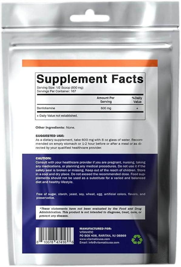 Vitamatic Benfotiamine Pure Powder 600 mg per Serving - 100 Grams - Also Called Fat Soluble Vitamin B1
