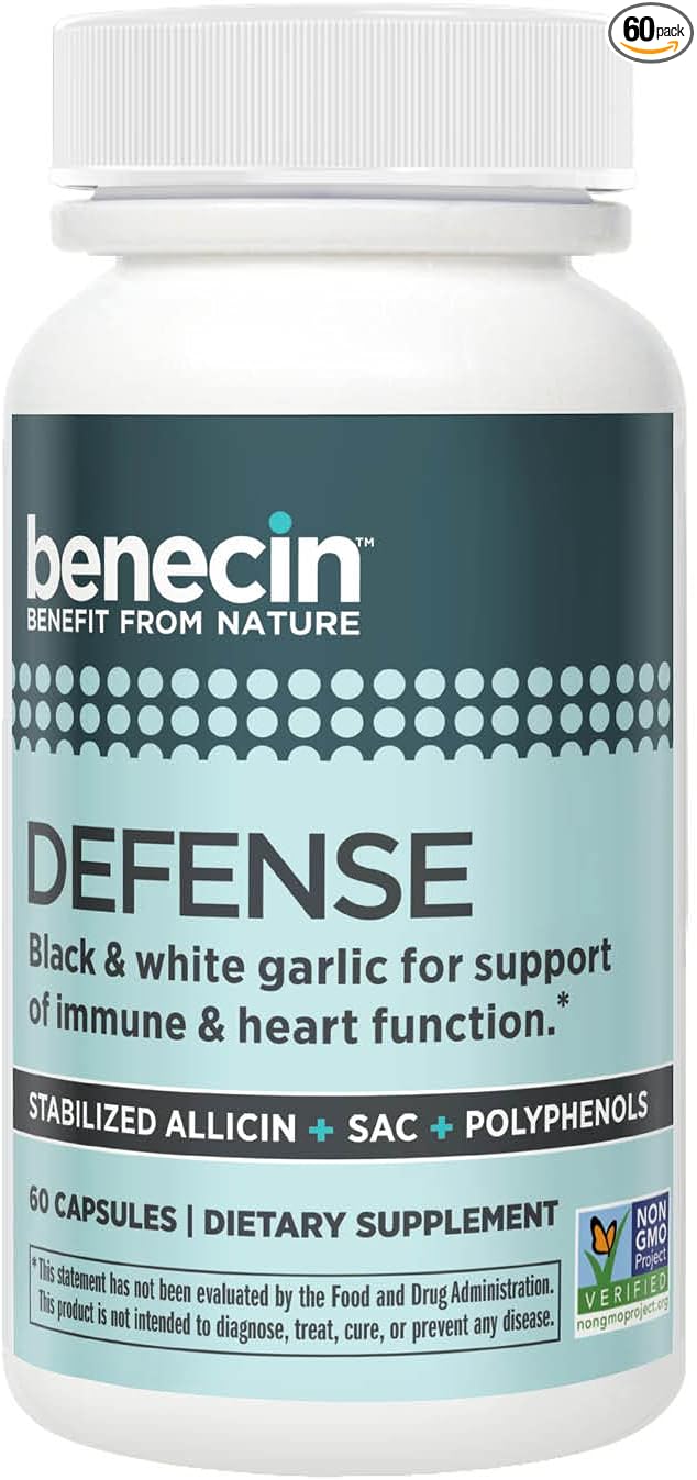 Benecin Defense 1500 mcg Stabilized Allicin per Capsule | Plus high Amounts of SAC & Polyphenols from Black Garlic | Powerful Support of Immune & Heart Function Vegetarian Caps (1 Count (Pack of 60))