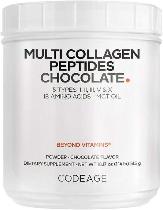 Codeage Multi Collagen Chocolate Protein Powder - Hydrolyzed Bovine Collagen Peptides, 5 Collagen Types & MCT Oil - Collagen Creamer, Chocolate Collagen Peptides - Protein Shakes - Non-GMO - 18.17 oz