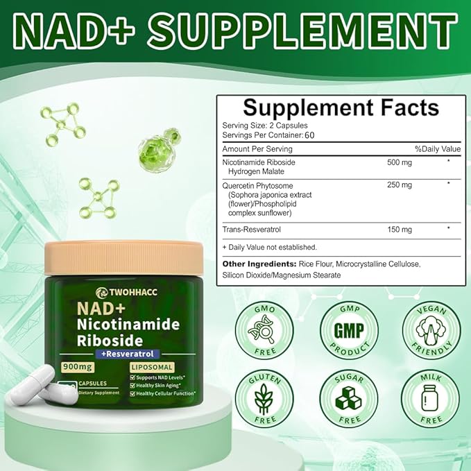 NAD Supplement NAD Nicotinamide Riboside Resveratrol 900mg 120 Capsules Liposomal NAD Supplements for Women Men Support Cellular Health Anti-Aging Energy Focus Boost NAD+ Levels